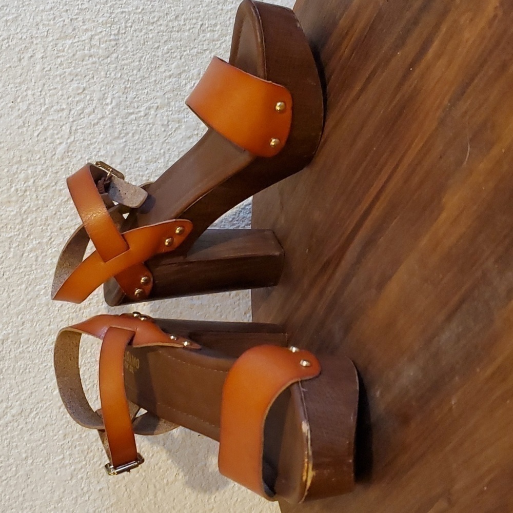 Mossimo|Womens Brown Leather Strappy Platform High Block Heels Boho Sz.7.5